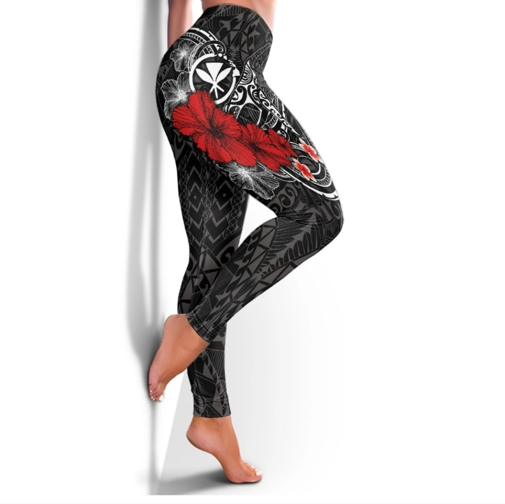 Polynesian Hawaii Kanaka Maoli Legging - Humpback Whale with Hibiscus (White)
